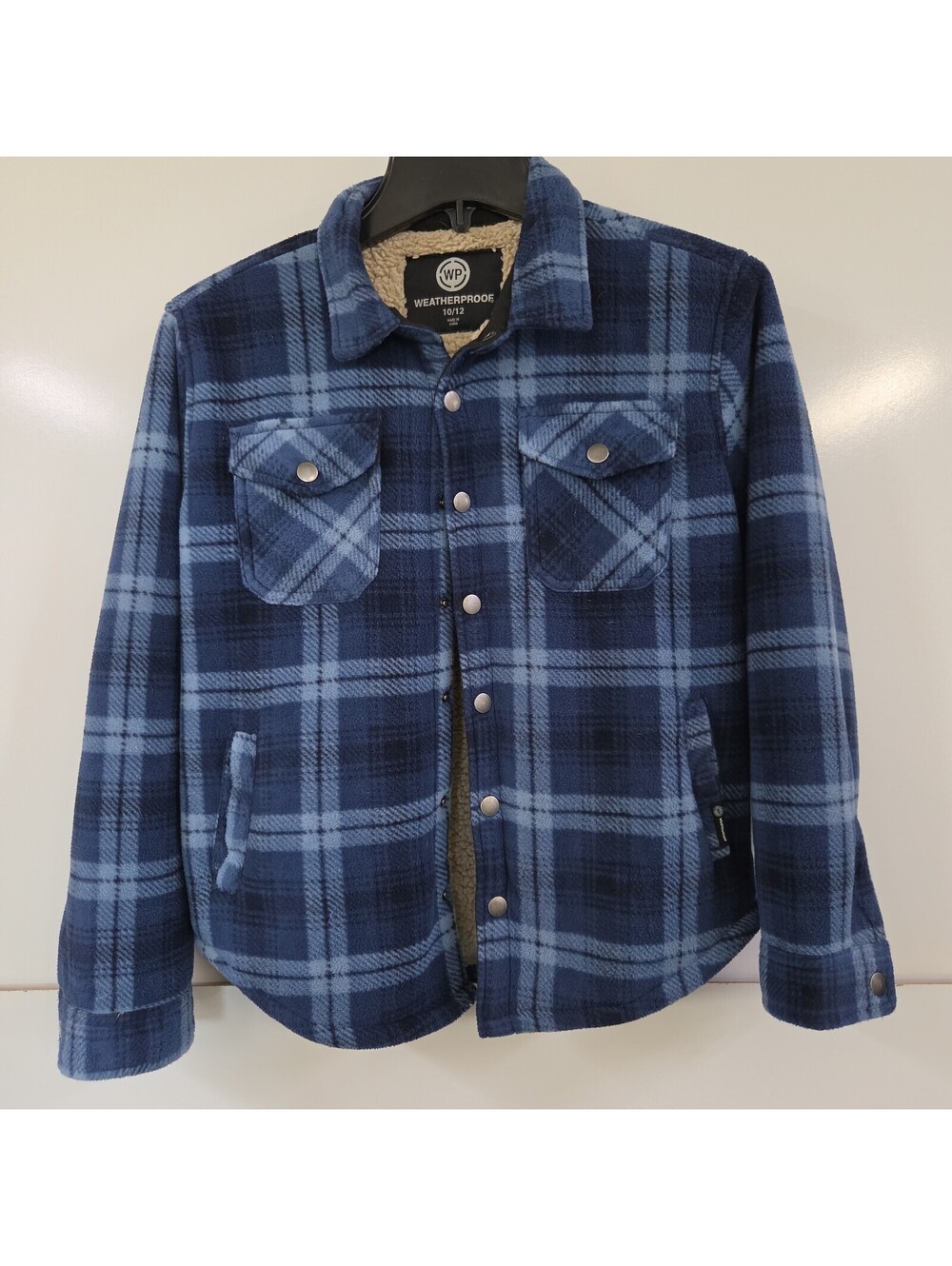 Weatherproof Flannel Shirt Jacket Youth 10 12 Sherpa Lined Blue Plaid Shacket